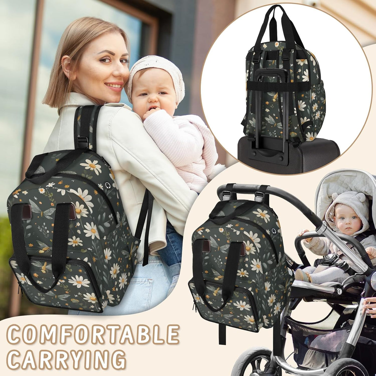 Butterfly Daisy Diaper Bag Backpack for Travel, Waterproof Diaper Bag with Insulated Bottle Pockets & USB Port, Large Capacity Baby Bag for Moms & Dads