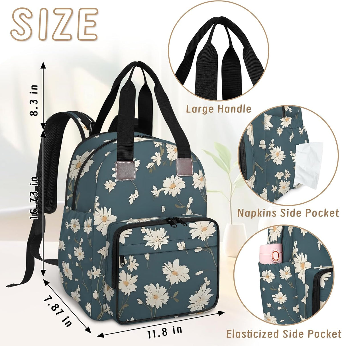 Butterfly Daisy Diaper Bag Backpack for Travel, Waterproof Diaper Bag with Insulated Bottle Pockets & USB Port, Large Capacity Baby Bag for Moms & Dads