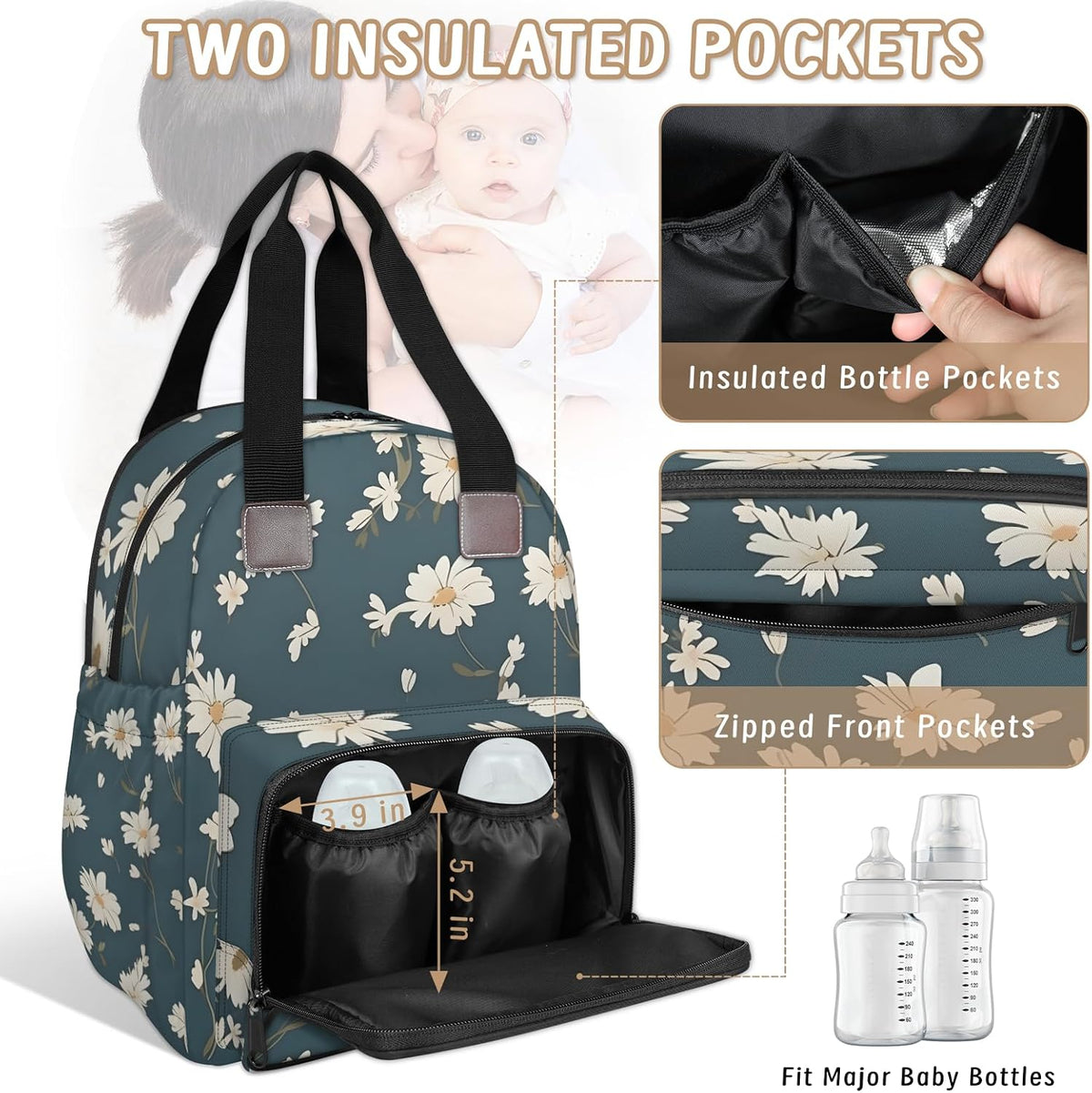 Butterfly Daisy Diaper Bag Backpack for Travel, Waterproof Diaper Bag with Insulated Bottle Pockets & USB Port, Large Capacity Baby Bag for Moms & Dads