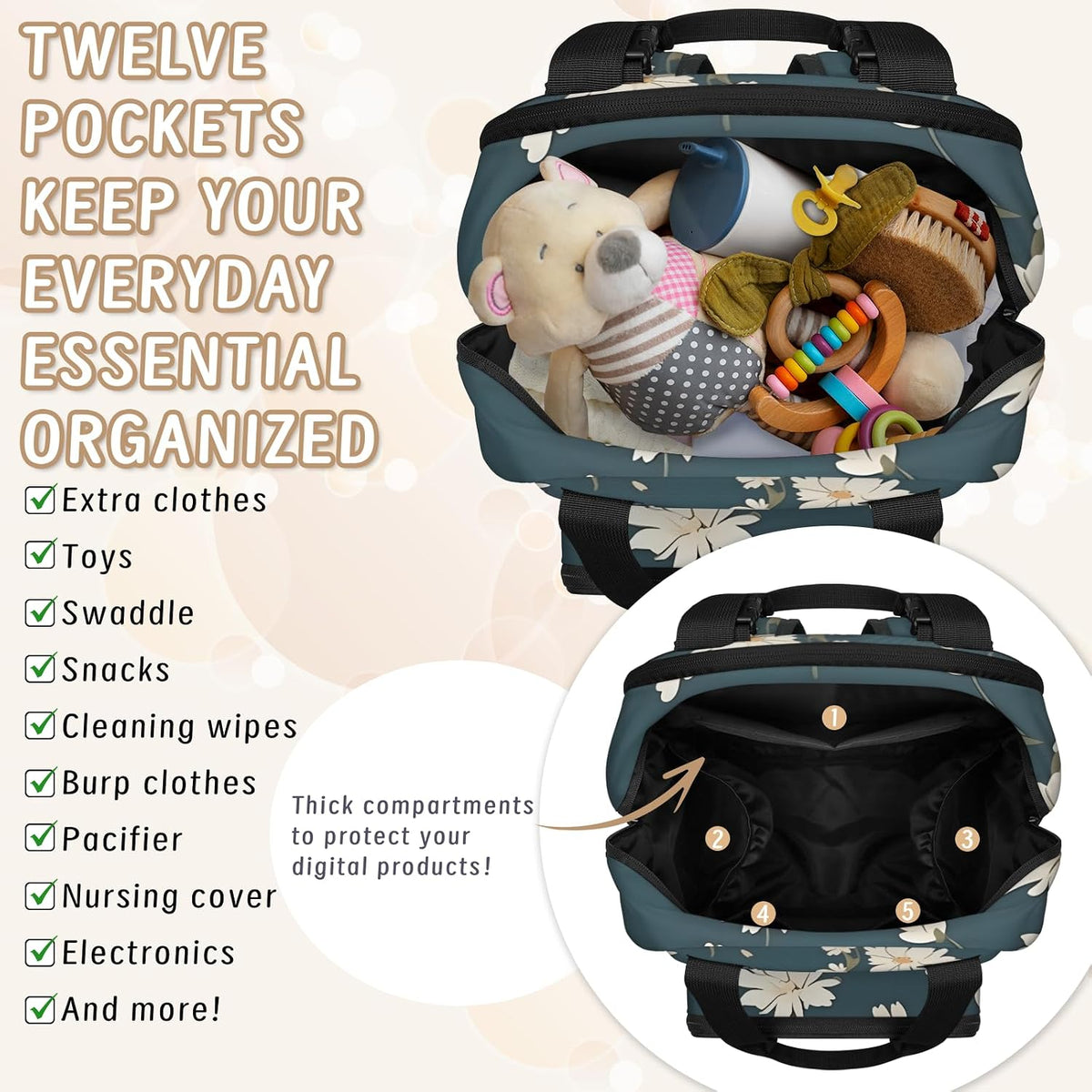 Butterfly Daisy Diaper Bag Backpack for Travel, Waterproof Diaper Bag with Insulated Bottle Pockets & USB Port, Large Capacity Baby Bag for Moms & Dads