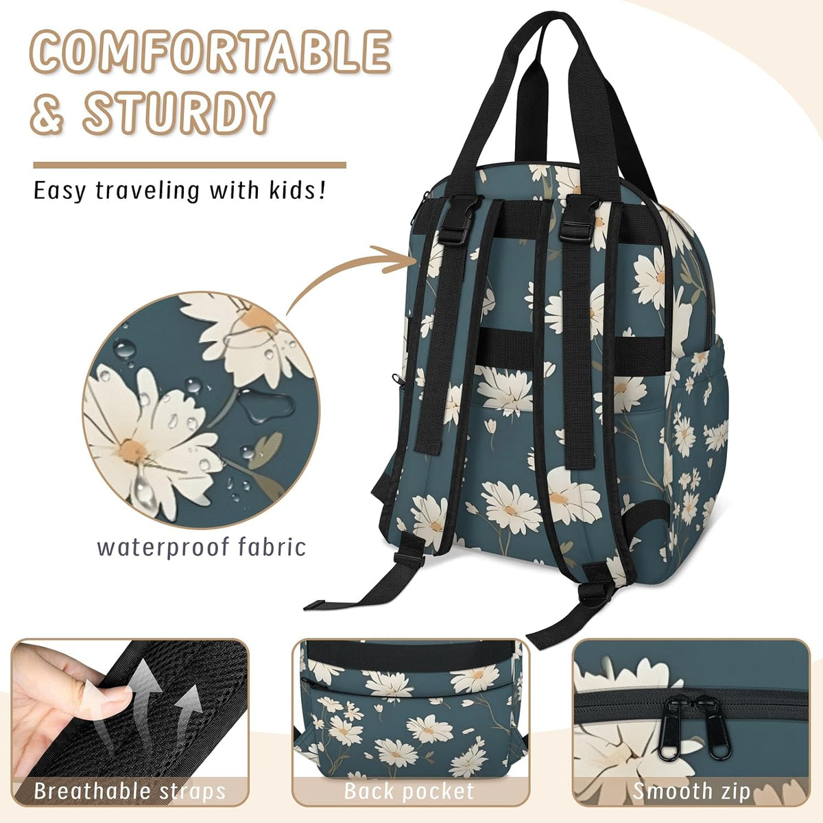 Butterfly Daisy Diaper Bag Backpack for Travel, Waterproof Diaper Bag with Insulated Bottle Pockets & USB Port, Large Capacity Baby Bag for Moms & Dads