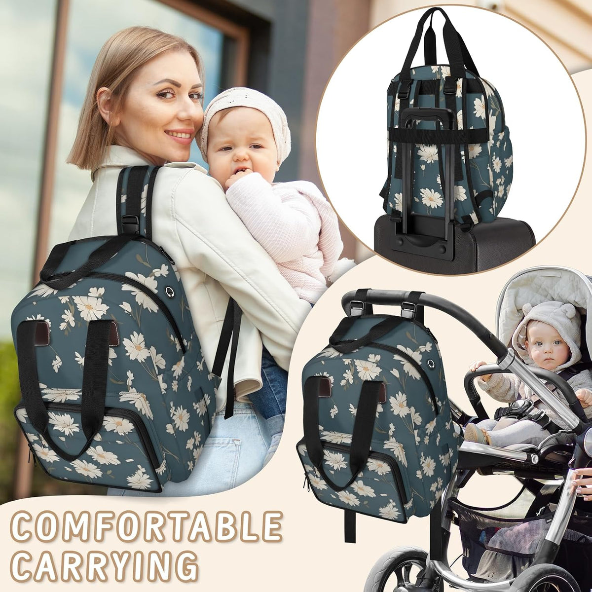 Butterfly Daisy Diaper Bag Backpack for Travel, Waterproof Diaper Bag with Insulated Bottle Pockets & USB Port, Large Capacity Baby Bag for Moms & Dads