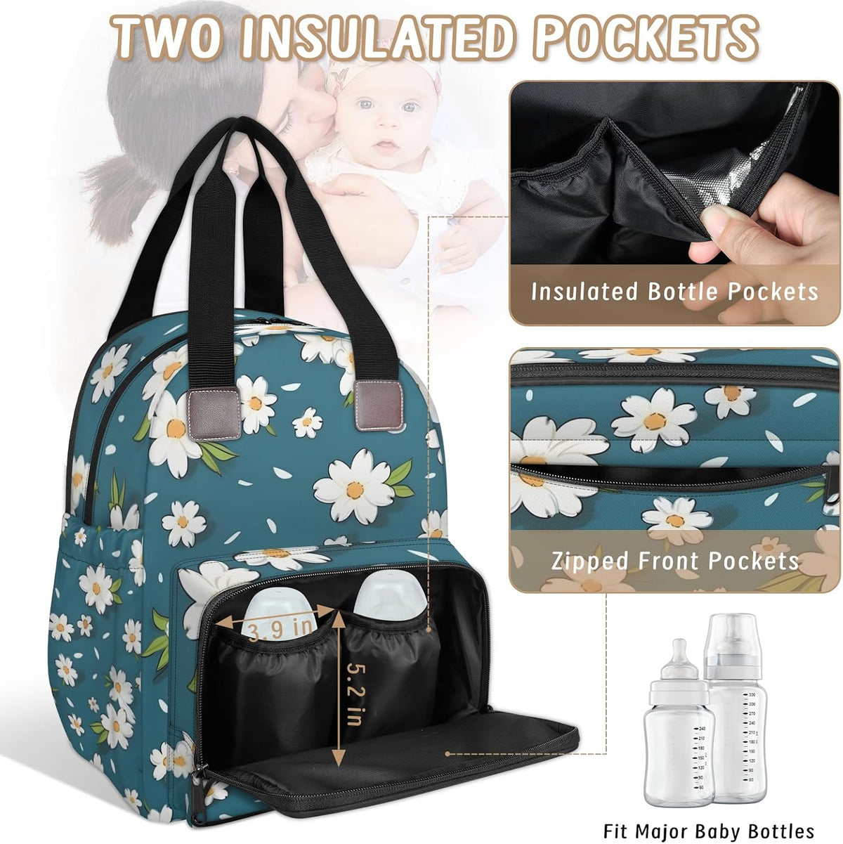 Butterfly Daisy Diaper Bag Backpack for Travel, Waterproof Diaper Bag with Insulated Bottle Pockets & USB Port, Large Capacity Baby Bag for Moms & Dads