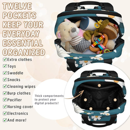 Butterfly Daisy Diaper Bag Backpack for Travel, Waterproof Diaper Bag with Insulated Bottle Pockets & USB Port, Large Capacity Baby Bag for Moms & Dads