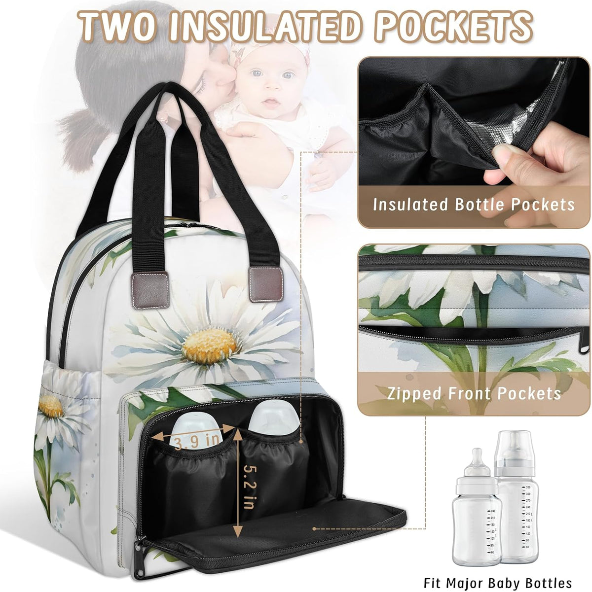 Butterfly Daisy Diaper Bag Backpack for Travel, Waterproof Diaper Bag with Insulated Bottle Pockets & USB Port, Large Capacity Baby Bag for Moms & Dads