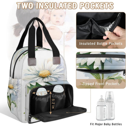 Butterfly Daisy Diaper Bag Backpack for Travel, Waterproof Diaper Bag with Insulated Bottle Pockets & USB Port, Large Capacity Baby Bag for Moms & Dads