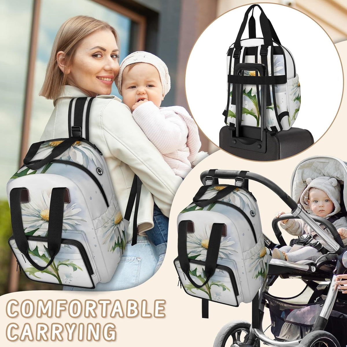 Butterfly Daisy Diaper Bag Backpack for Travel, Waterproof Diaper Bag with Insulated Bottle Pockets & USB Port, Large Capacity Baby Bag for Moms & Dads