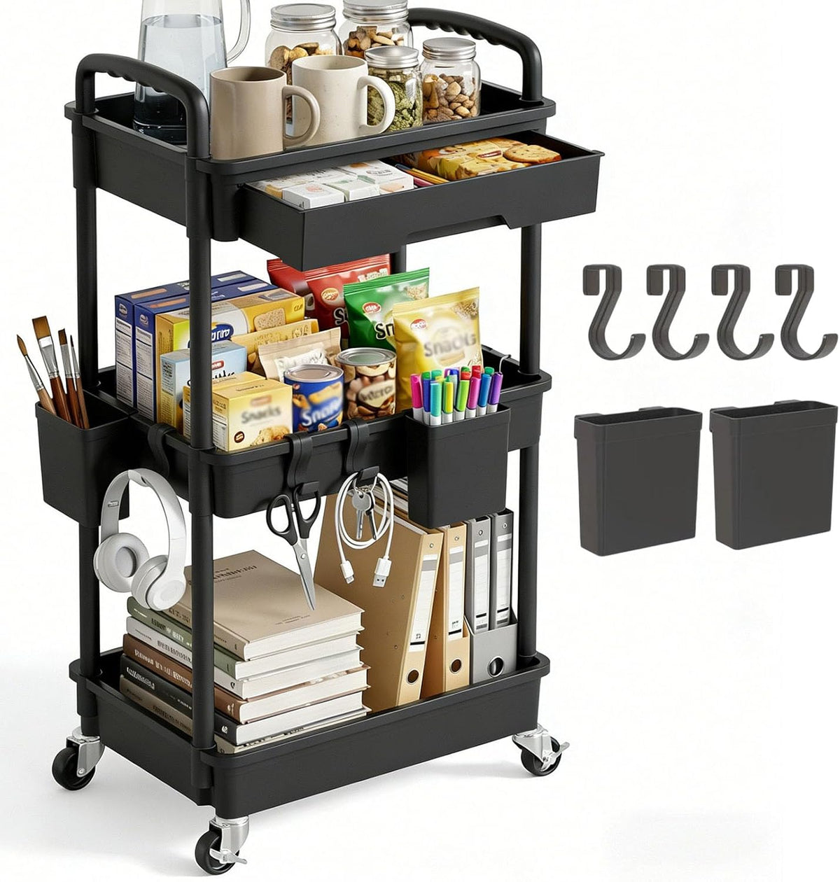 3 Tier Rolling Utility Cart with Drawer, Plastic Storage Organizer Rolling Carts with Wheels Handles Hanging Cups Hooks for Office, Bathroom, Kitchen,Craft Art Room (Pink)