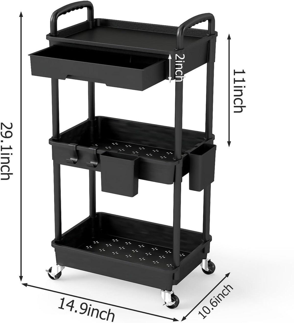 3 Tier Rolling Utility Cart with Drawer, Plastic Storage Organizer Rolling Carts with Wheels Handles Hanging Cups Hooks for Office, Bathroom, Kitchen,Craft Art Room (Pink)