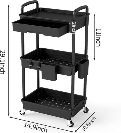 3 Tier Rolling Utility Cart with Drawer, Plastic Storage Organizer Rolling Carts with Wheels Handles Hanging Cups Hooks for Office, Bathroom, Kitchen,Craft Art Room (Pink)