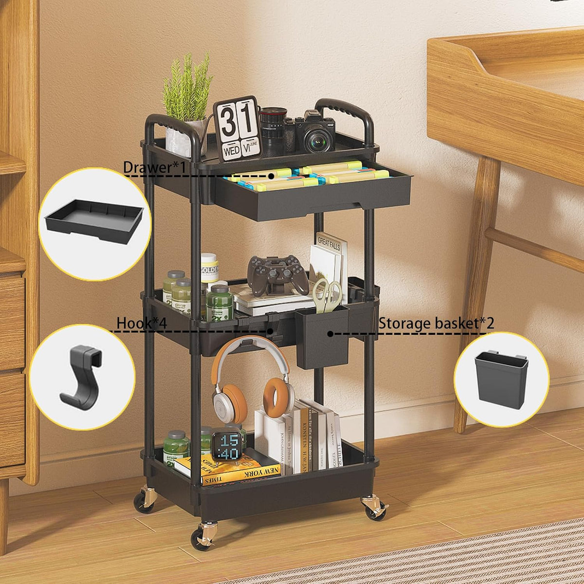 3 Tier Rolling Utility Cart with Drawer, Plastic Storage Organizer Rolling Carts with Wheels Handles Hanging Cups Hooks for Office, Bathroom, Kitchen,Craft Art Room (Pink)