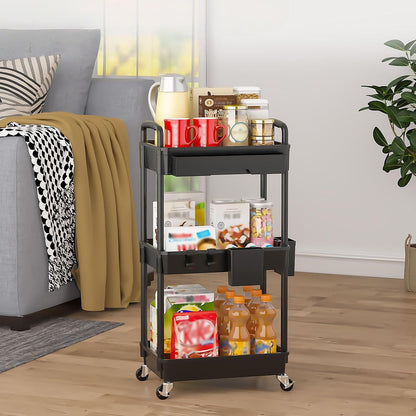 3 Tier Rolling Utility Cart with Drawer, Plastic Storage Organizer Rolling Carts with Wheels Handles Hanging Cups Hooks for Office, Bathroom, Kitchen,Craft Art Room (Pink)
