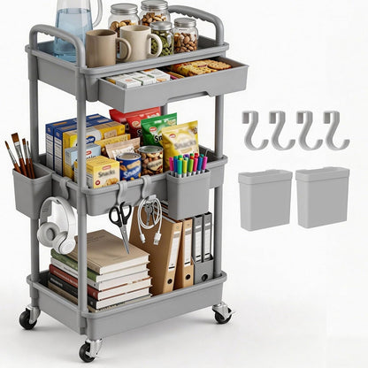 3 Tier Rolling Utility Cart with Drawer, Plastic Storage Organizer Rolling Carts with Wheels Handles Hanging Cups Hooks for Office, Bathroom, Kitchen,Craft Art Room (Pink)