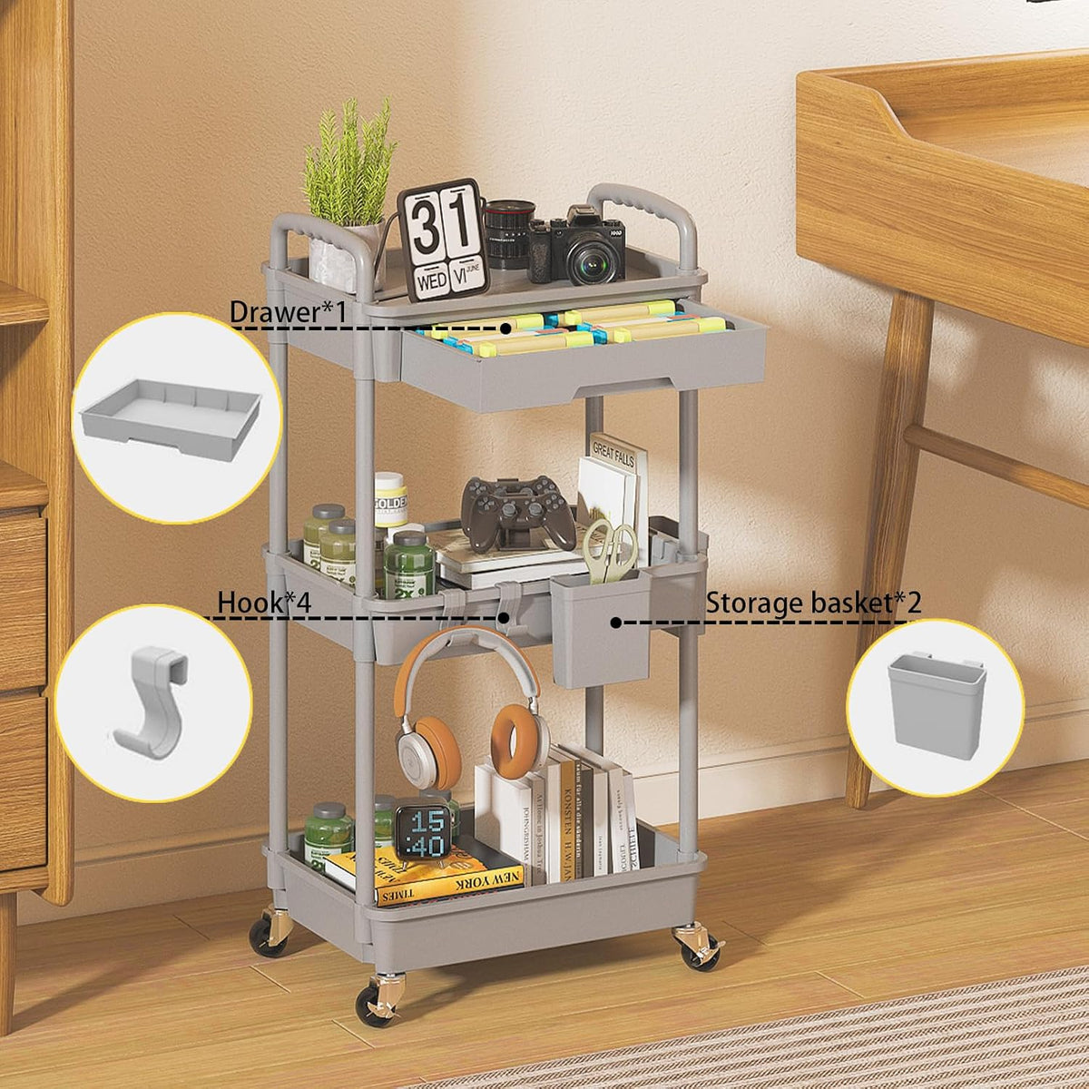 3 Tier Rolling Utility Cart with Drawer, Plastic Storage Organizer Rolling Carts with Wheels Handles Hanging Cups Hooks for Office, Bathroom, Kitchen,Craft Art Room (Pink)