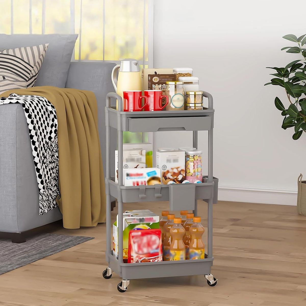 3 Tier Rolling Utility Cart with Drawer, Plastic Storage Organizer Rolling Carts with Wheels Handles Hanging Cups Hooks for Office, Bathroom, Kitchen,Craft Art Room (Pink)