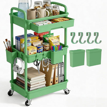 3 Tier Rolling Utility Cart with Drawer, Plastic Storage Organizer Rolling Carts with Wheels Handles Hanging Cups Hooks for Office, Bathroom, Kitchen,Craft Art Room (Pink)