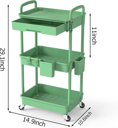 3 Tier Rolling Utility Cart with Drawer, Plastic Storage Organizer Rolling Carts with Wheels Handles Hanging Cups Hooks for Office, Bathroom, Kitchen,Craft Art Room (Pink)