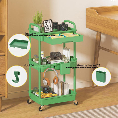 3 Tier Rolling Utility Cart with Drawer, Plastic Storage Organizer Rolling Carts with Wheels Handles Hanging Cups Hooks for Office, Bathroom, Kitchen,Craft Art Room (Pink)