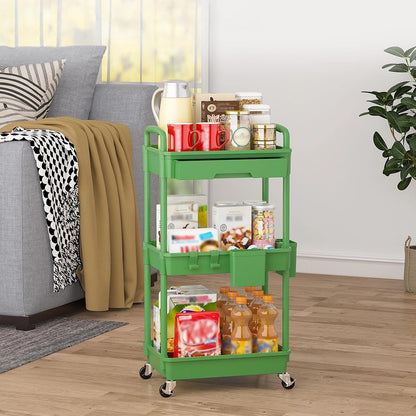 3 Tier Rolling Utility Cart with Drawer, Plastic Storage Organizer Rolling Carts with Wheels Handles Hanging Cups Hooks for Office, Bathroom, Kitchen,Craft Art Room (Pink)