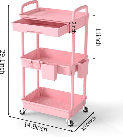 3 Tier Rolling Utility Cart with Drawer, Plastic Storage Organizer Rolling Carts with Wheels Handles Hanging Cups Hooks for Office, Bathroom, Kitchen,Craft Art Room (Pink)
