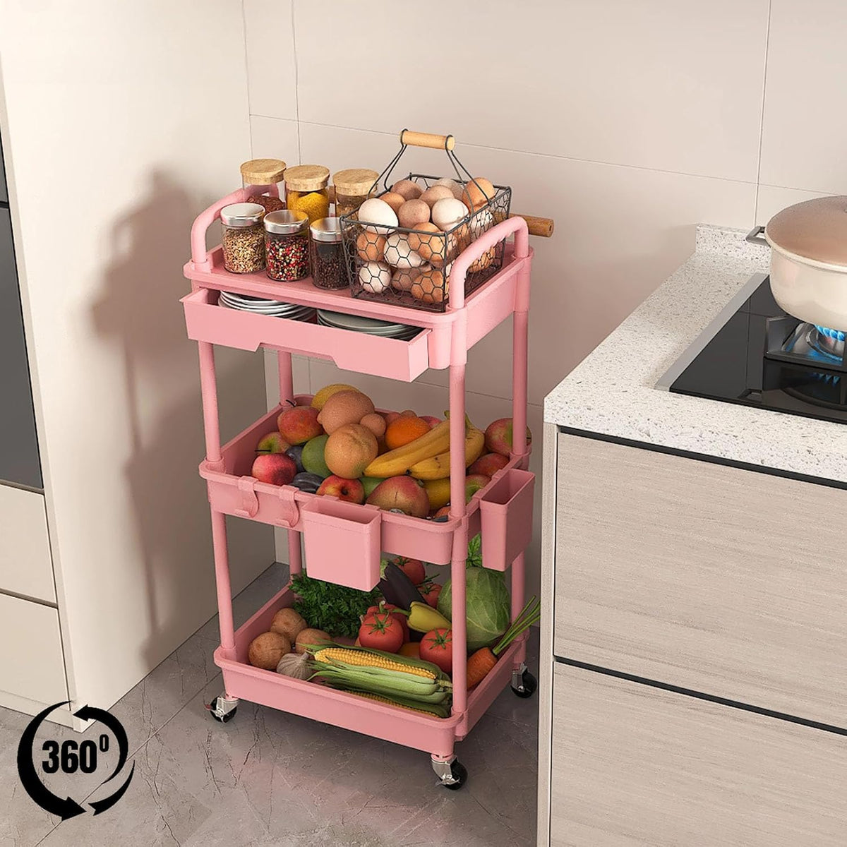 3 Tier Rolling Utility Cart with Drawer, Plastic Storage Organizer Rolling Carts with Wheels Handles Hanging Cups Hooks for Office, Bathroom, Kitchen,Craft Art Room (Pink)