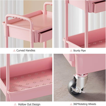 3 Tier Rolling Utility Cart with Drawer, Plastic Storage Organizer Rolling Carts with Wheels Handles Hanging Cups Hooks for Office, Bathroom, Kitchen,Craft Art Room (Pink)