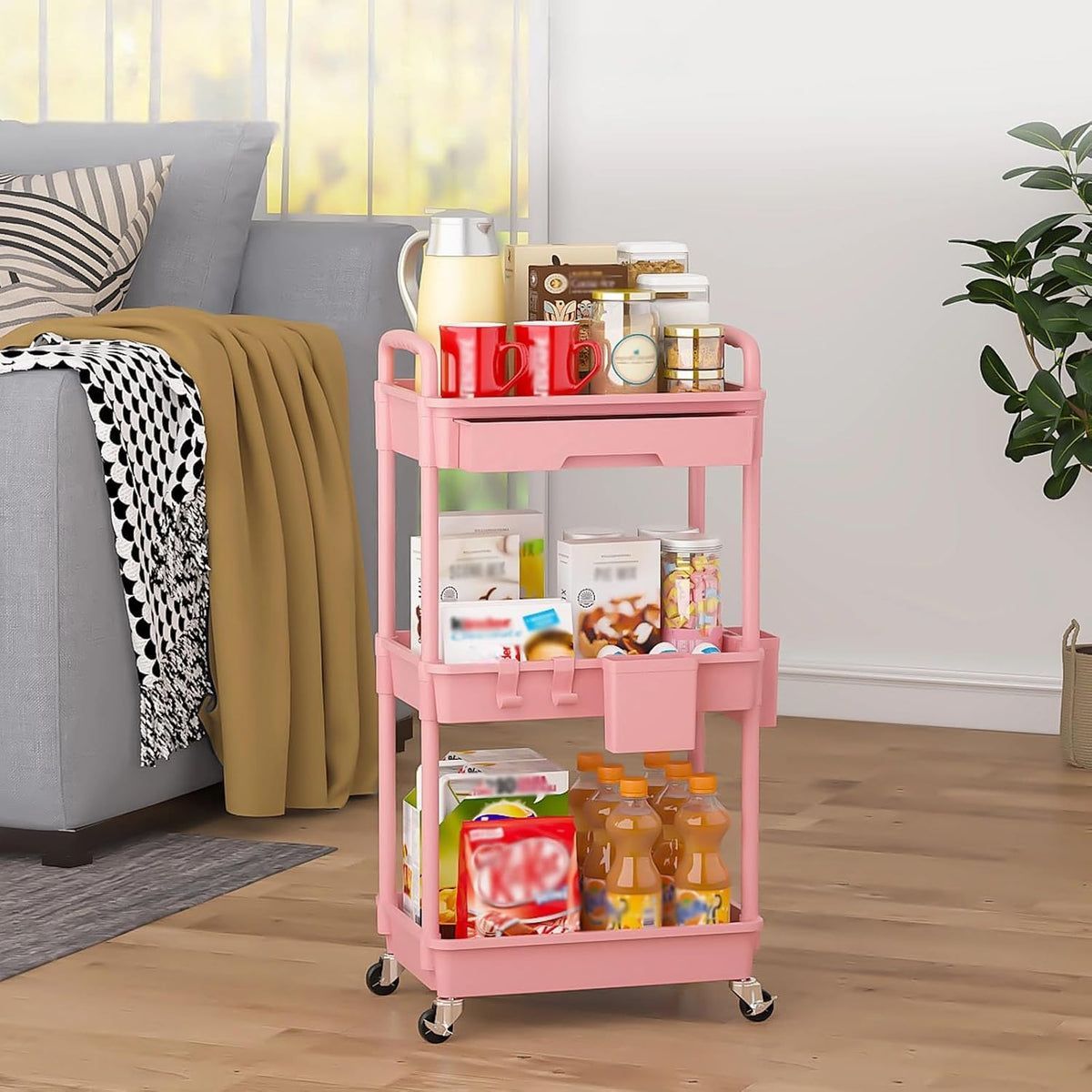 3 Tier Rolling Utility Cart with Drawer, Plastic Storage Organizer Rolling Carts with Wheels Handles Hanging Cups Hooks for Office, Bathroom, Kitchen,Craft Art Room (Pink)