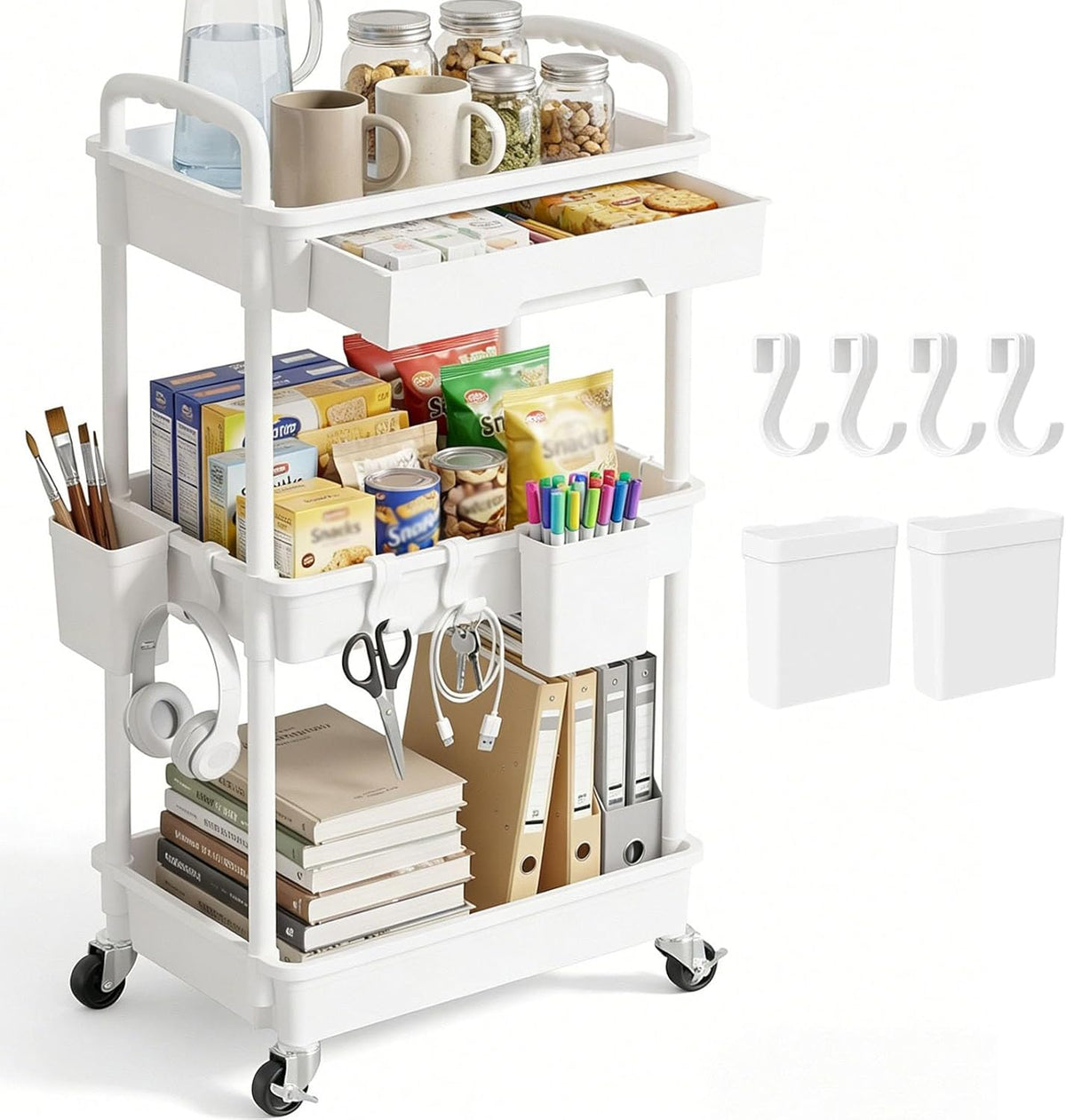 3 Tier Rolling Utility Cart with Drawer, Plastic Storage Organizer Rolling Carts with Wheels Handles Hanging Cups Hooks for Office, Bathroom, Kitchen,Craft Art Room (Pink)