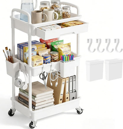 3 Tier Rolling Utility Cart with Drawer, Plastic Storage Organizer Rolling Carts with Wheels Handles Hanging Cups Hooks for Office, Bathroom, Kitchen,Craft Art Room (Pink)