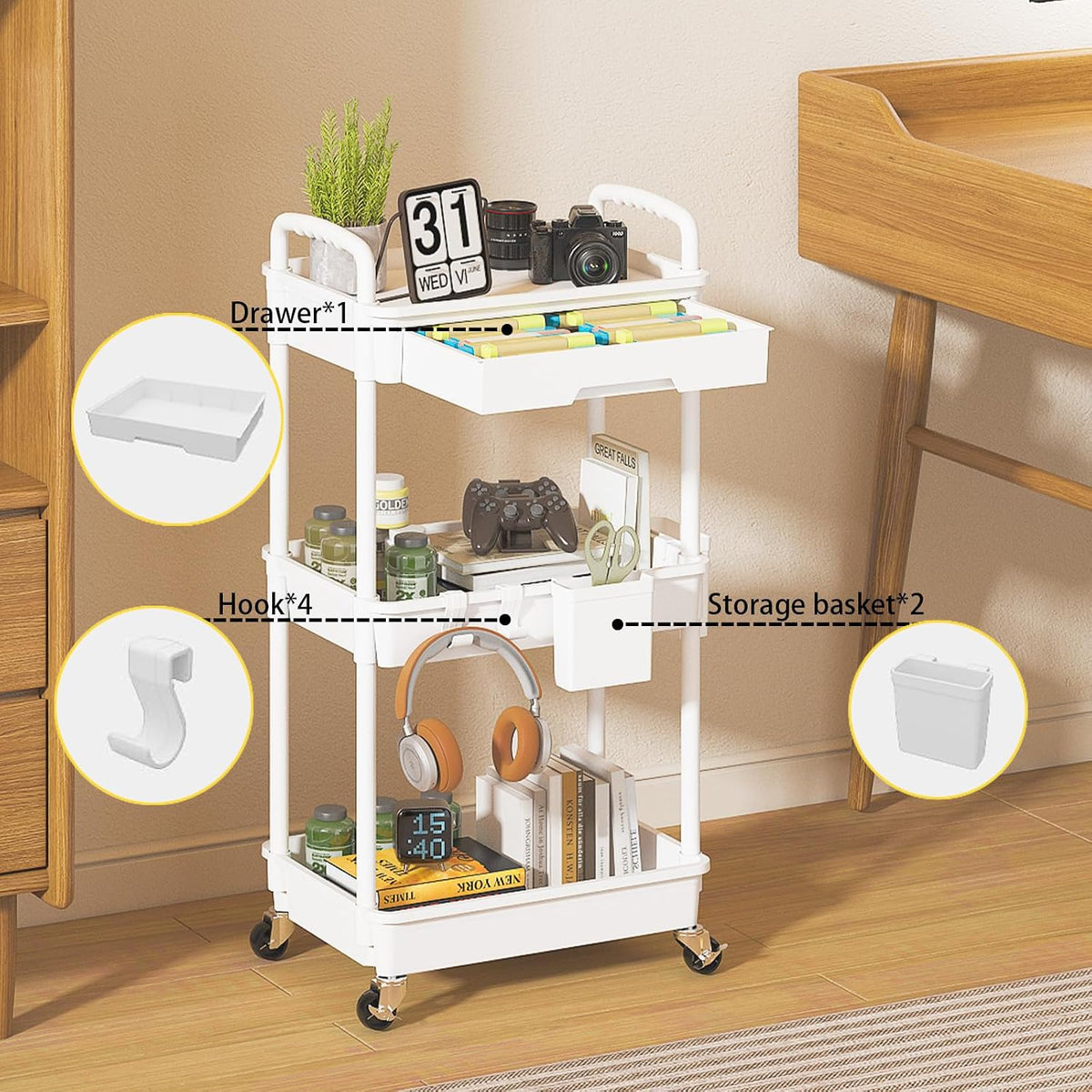 3 Tier Rolling Utility Cart with Drawer, Plastic Storage Organizer Rolling Carts with Wheels Handles Hanging Cups Hooks for Office, Bathroom, Kitchen,Craft Art Room (Pink)