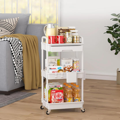 3 Tier Rolling Utility Cart with Drawer, Plastic Storage Organizer Rolling Carts with Wheels Handles Hanging Cups Hooks for Office, Bathroom, Kitchen,Craft Art Room (Pink)