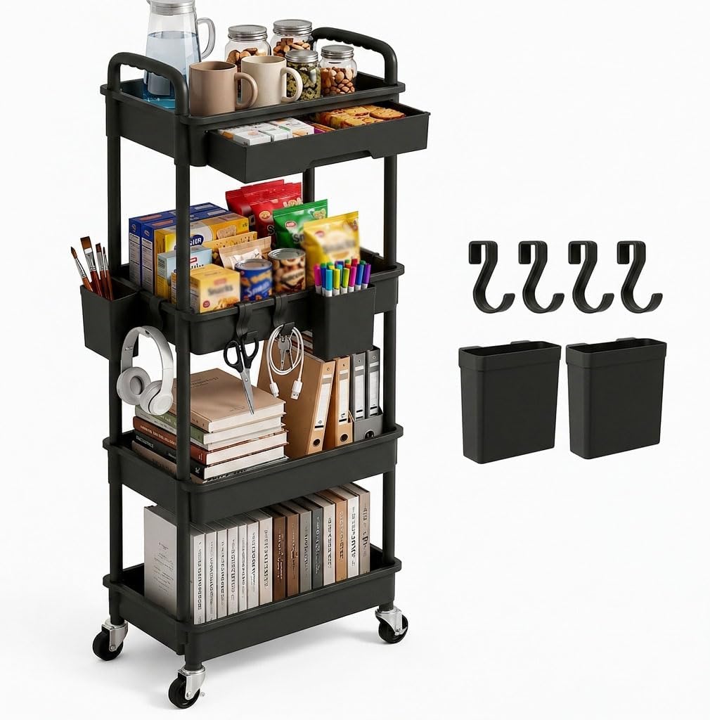 3 Tier Rolling Utility Cart with Drawer, Plastic Storage Organizer Rolling Carts with Wheels Handles Hanging Cups Hooks for Office, Bathroom, Kitchen,Craft Art Room (Pink)