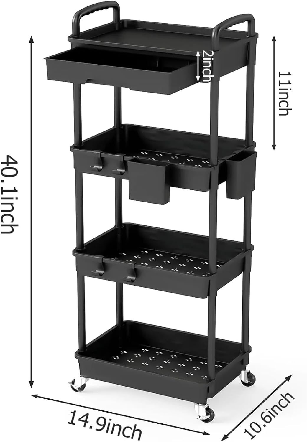 3 Tier Rolling Utility Cart with Drawer, Plastic Storage Organizer Rolling Carts with Wheels Handles Hanging Cups Hooks for Office, Bathroom, Kitchen,Craft Art Room (Pink)