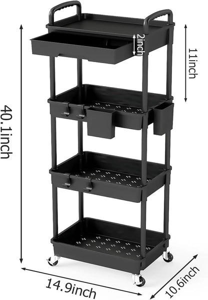 3 Tier Rolling Utility Cart with Drawer, Plastic Storage Organizer Rolling Carts with Wheels Handles Hanging Cups Hooks for Office, Bathroom, Kitchen,Craft Art Room (Pink)