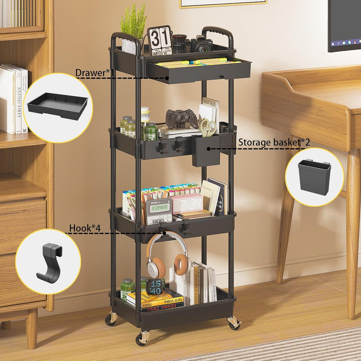 3 Tier Rolling Utility Cart with Drawer, Plastic Storage Organizer Rolling Carts with Wheels Handles Hanging Cups Hooks for Office, Bathroom, Kitchen,Craft Art Room (Pink)
