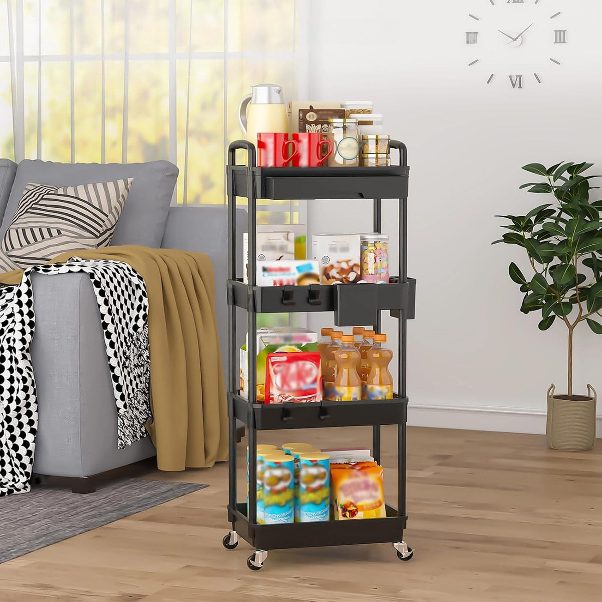 3 Tier Rolling Utility Cart with Drawer, Plastic Storage Organizer Rolling Carts with Wheels Handles Hanging Cups Hooks for Office, Bathroom, Kitchen,Craft Art Room (Pink)