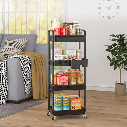 3 Tier Rolling Utility Cart with Drawer, Plastic Storage Organizer Rolling Carts with Wheels Handles Hanging Cups Hooks for Office, Bathroom, Kitchen,Craft Art Room (Pink)