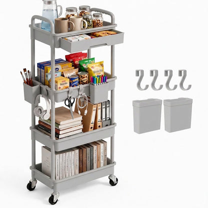 3 Tier Rolling Utility Cart with Drawer, Plastic Storage Organizer Rolling Carts with Wheels Handles Hanging Cups Hooks for Office, Bathroom, Kitchen,Craft Art Room (Pink)