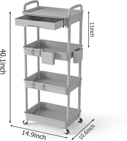3 Tier Rolling Utility Cart with Drawer, Plastic Storage Organizer Rolling Carts with Wheels Handles Hanging Cups Hooks for Office, Bathroom, Kitchen,Craft Art Room (Pink)