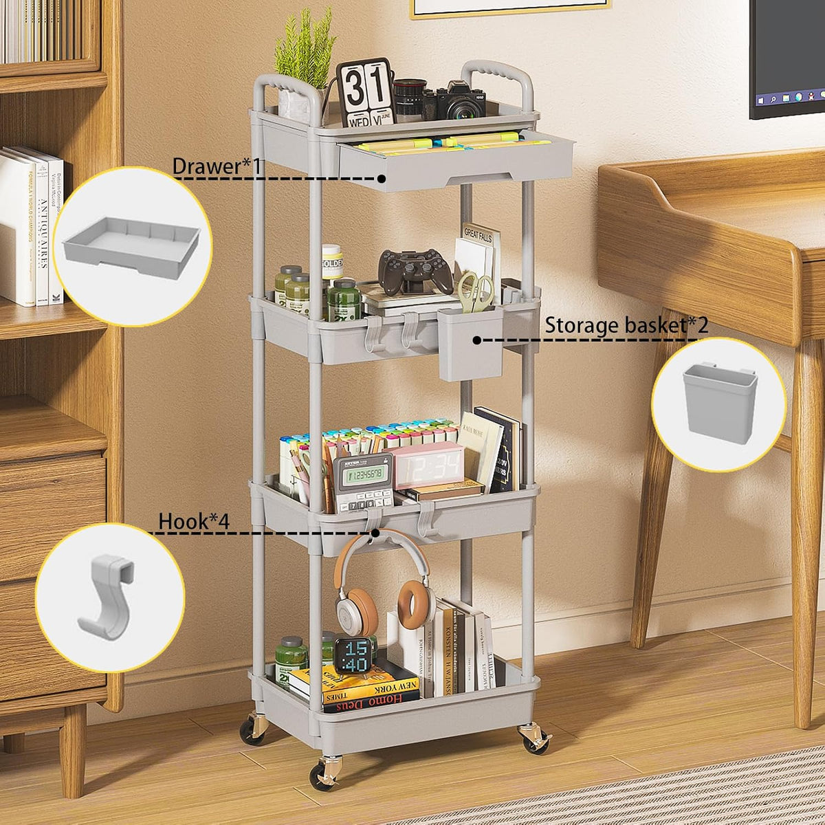3 Tier Rolling Utility Cart with Drawer, Plastic Storage Organizer Rolling Carts with Wheels Handles Hanging Cups Hooks for Office, Bathroom, Kitchen,Craft Art Room (Pink)
