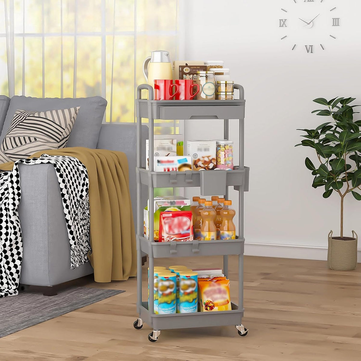 3 Tier Rolling Utility Cart with Drawer, Plastic Storage Organizer Rolling Carts with Wheels Handles Hanging Cups Hooks for Office, Bathroom, Kitchen,Craft Art Room (Pink)