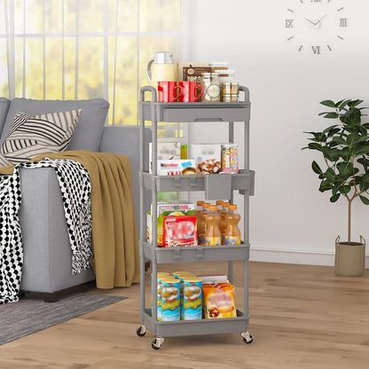 3 Tier Rolling Utility Cart with Drawer, Plastic Storage Organizer Rolling Carts with Wheels Handles Hanging Cups Hooks for Office, Bathroom, Kitchen,Craft Art Room (Pink)
