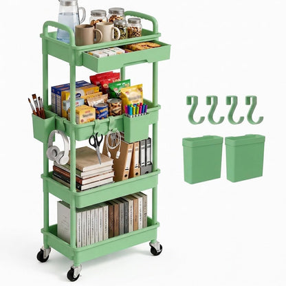 3 Tier Rolling Utility Cart with Drawer, Plastic Storage Organizer Rolling Carts with Wheels Handles Hanging Cups Hooks for Office, Bathroom, Kitchen,Craft Art Room (Pink)