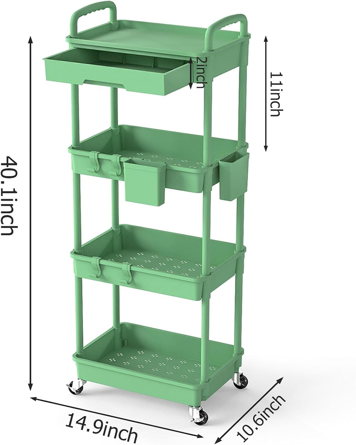 3 Tier Rolling Utility Cart with Drawer, Plastic Storage Organizer Rolling Carts with Wheels Handles Hanging Cups Hooks for Office, Bathroom, Kitchen,Craft Art Room (Pink)