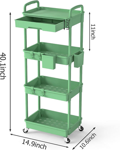 3 Tier Rolling Utility Cart with Drawer, Plastic Storage Organizer Rolling Carts with Wheels Handles Hanging Cups Hooks for Office, Bathroom, Kitchen,Craft Art Room (Pink)