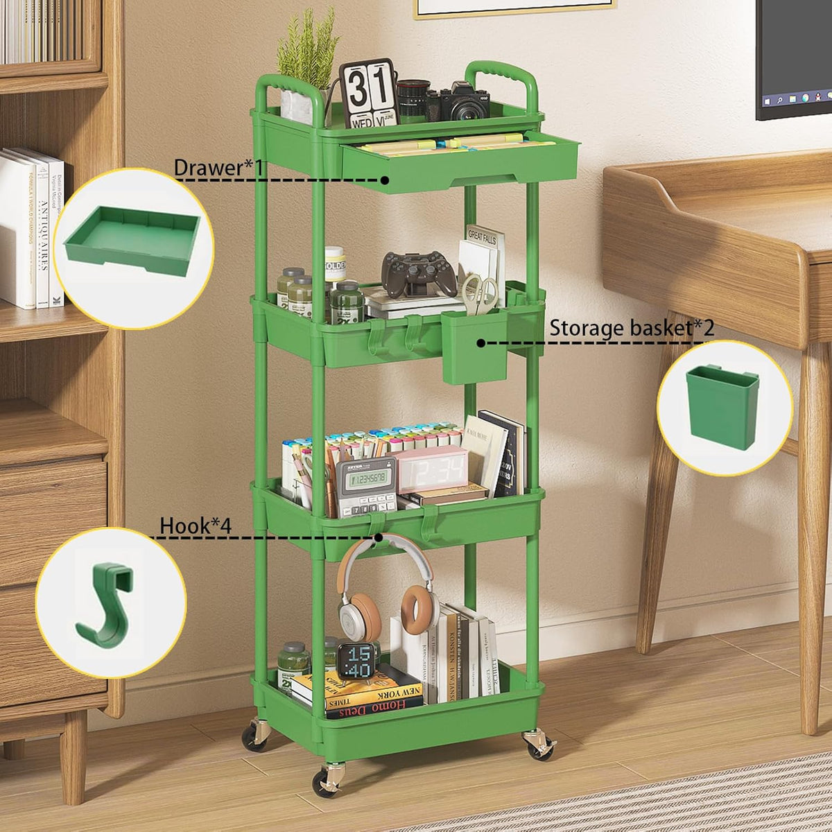 3 Tier Rolling Utility Cart with Drawer, Plastic Storage Organizer Rolling Carts with Wheels Handles Hanging Cups Hooks for Office, Bathroom, Kitchen,Craft Art Room (Pink)