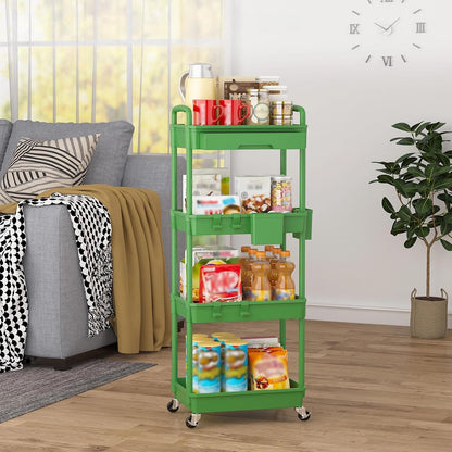 3 Tier Rolling Utility Cart with Drawer, Plastic Storage Organizer Rolling Carts with Wheels Handles Hanging Cups Hooks for Office, Bathroom, Kitchen,Craft Art Room (Pink)