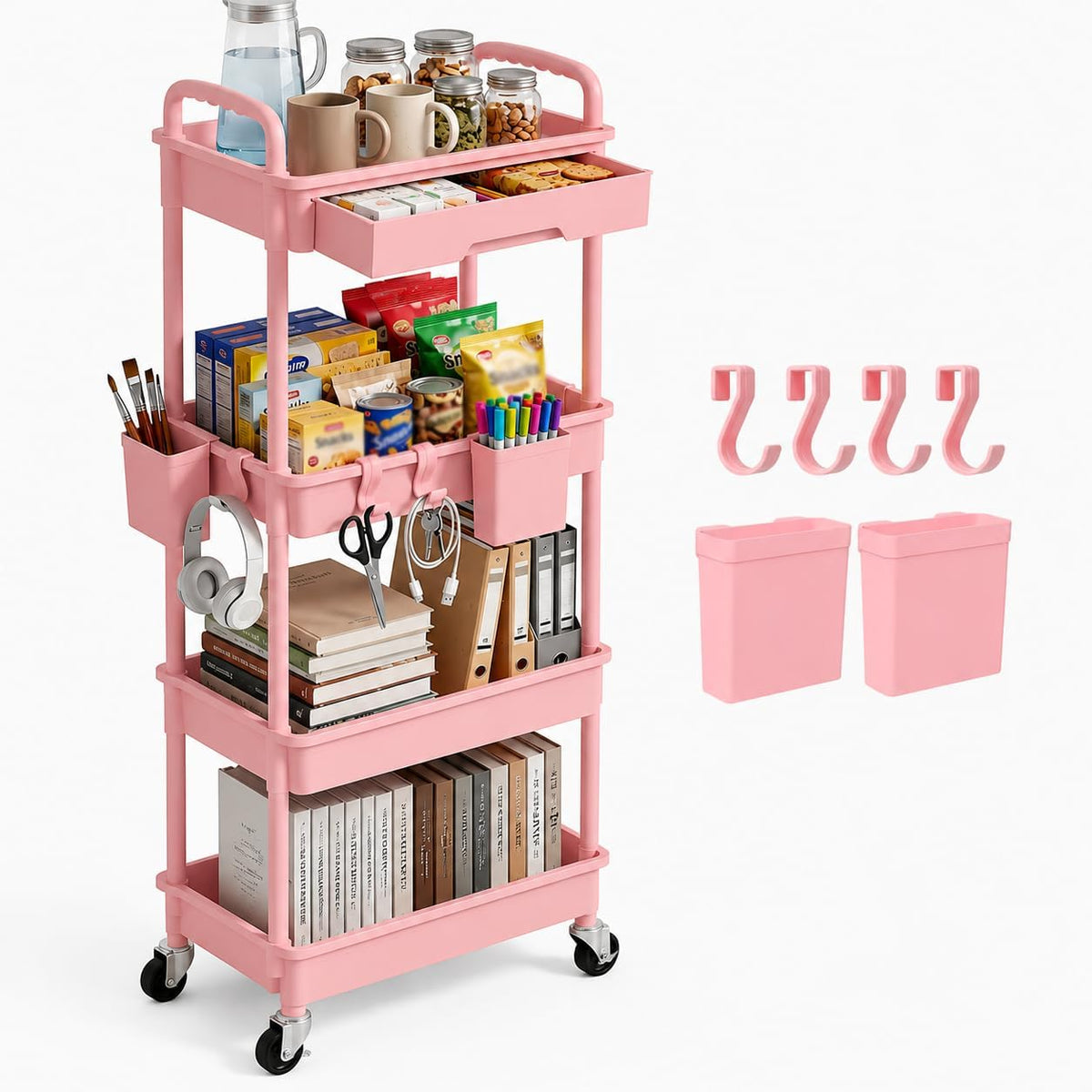 3 Tier Rolling Utility Cart with Drawer, Plastic Storage Organizer Rolling Carts with Wheels Handles Hanging Cups Hooks for Office, Bathroom, Kitchen,Craft Art Room (Pink)