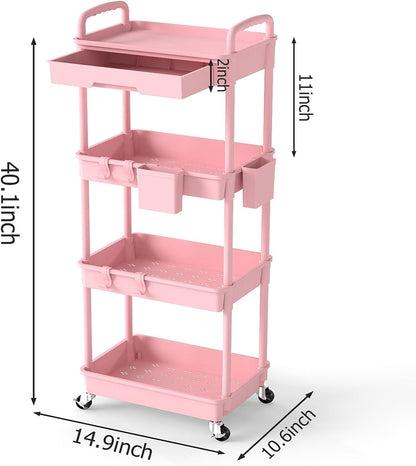 3 Tier Rolling Utility Cart with Drawer, Plastic Storage Organizer Rolling Carts with Wheels Handles Hanging Cups Hooks for Office, Bathroom, Kitchen,Craft Art Room (Pink)