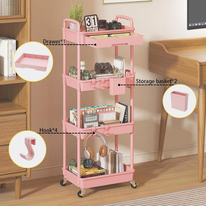 3 Tier Rolling Utility Cart with Drawer, Plastic Storage Organizer Rolling Carts with Wheels Handles Hanging Cups Hooks for Office, Bathroom, Kitchen,Craft Art Room (Pink)